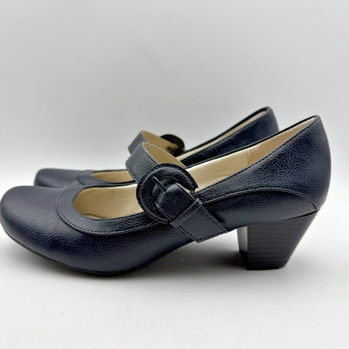 LifeStride Womens Rozz Mary Janes Heels Size 7 WIDE Navy Blue Vegan Leather NIB