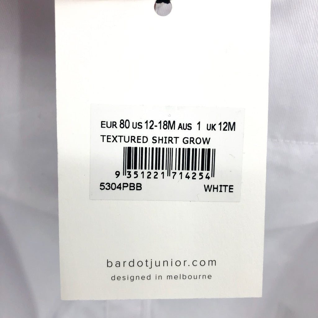 BARDOT JUNIOR Baby Boy Textured Shirt Grow Bodysuit 12-18 Months White NWT