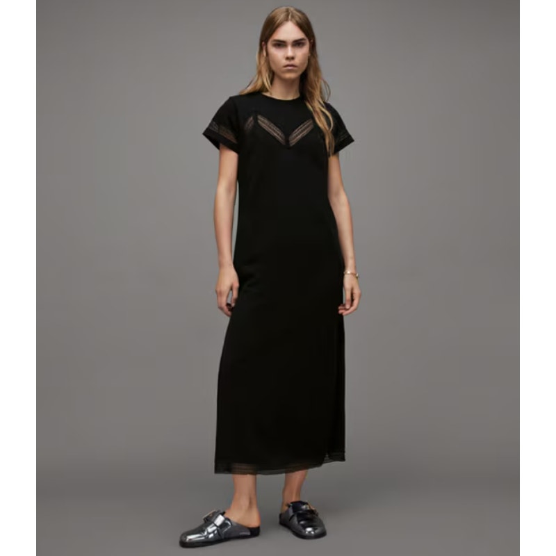 ALLSAINTS Women's Anna Lace Maxi Dress Size 8 Black Short Sleeve NWT