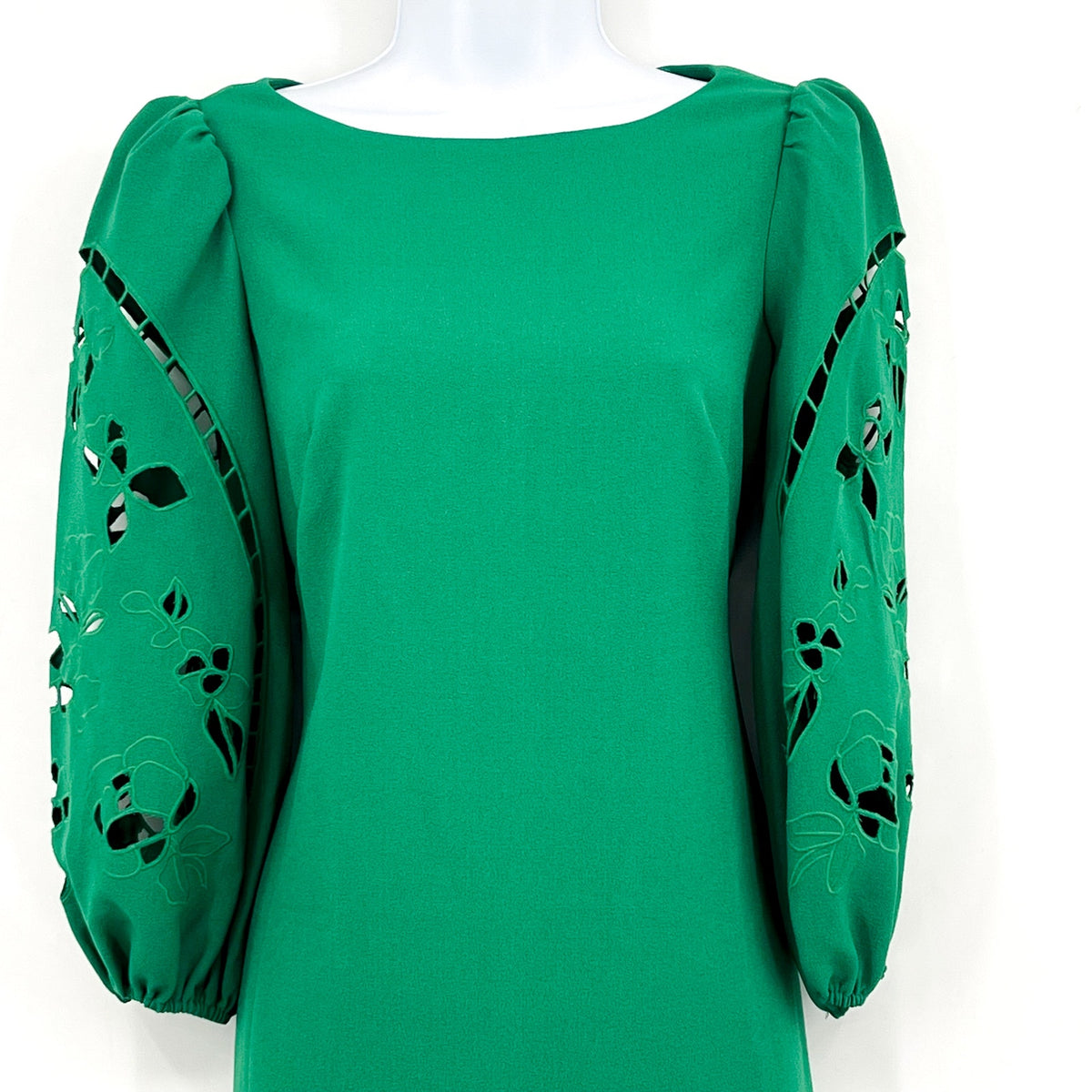 VINCE CAMUTO Women's Crepe Shift Dress Size 2 Green Eyelet Sleeve Cut Out NWOT