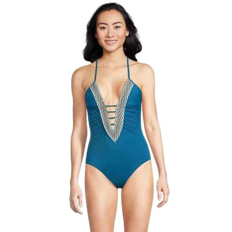 BECCA Women's Harmonia Clare Plunge One Piece Swimsuit Medium Lagoon Blue NWT