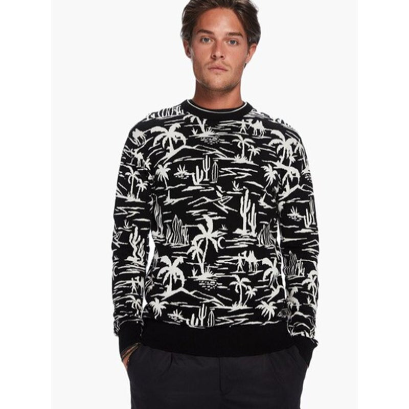SCOTCH & SODA Mens Pullover Woven Sweatshirt XL Black White Palm Print NWT