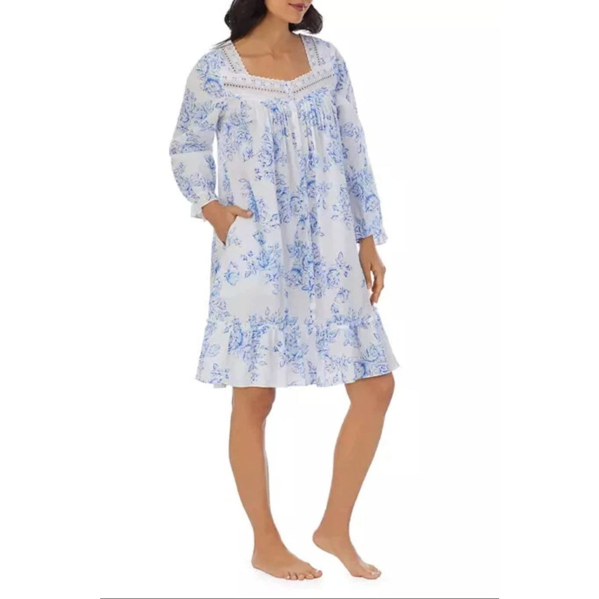 EILEEN WEST Short Nightgown Large Blue White Floral Long Sleeve Cotton Knit NWT
