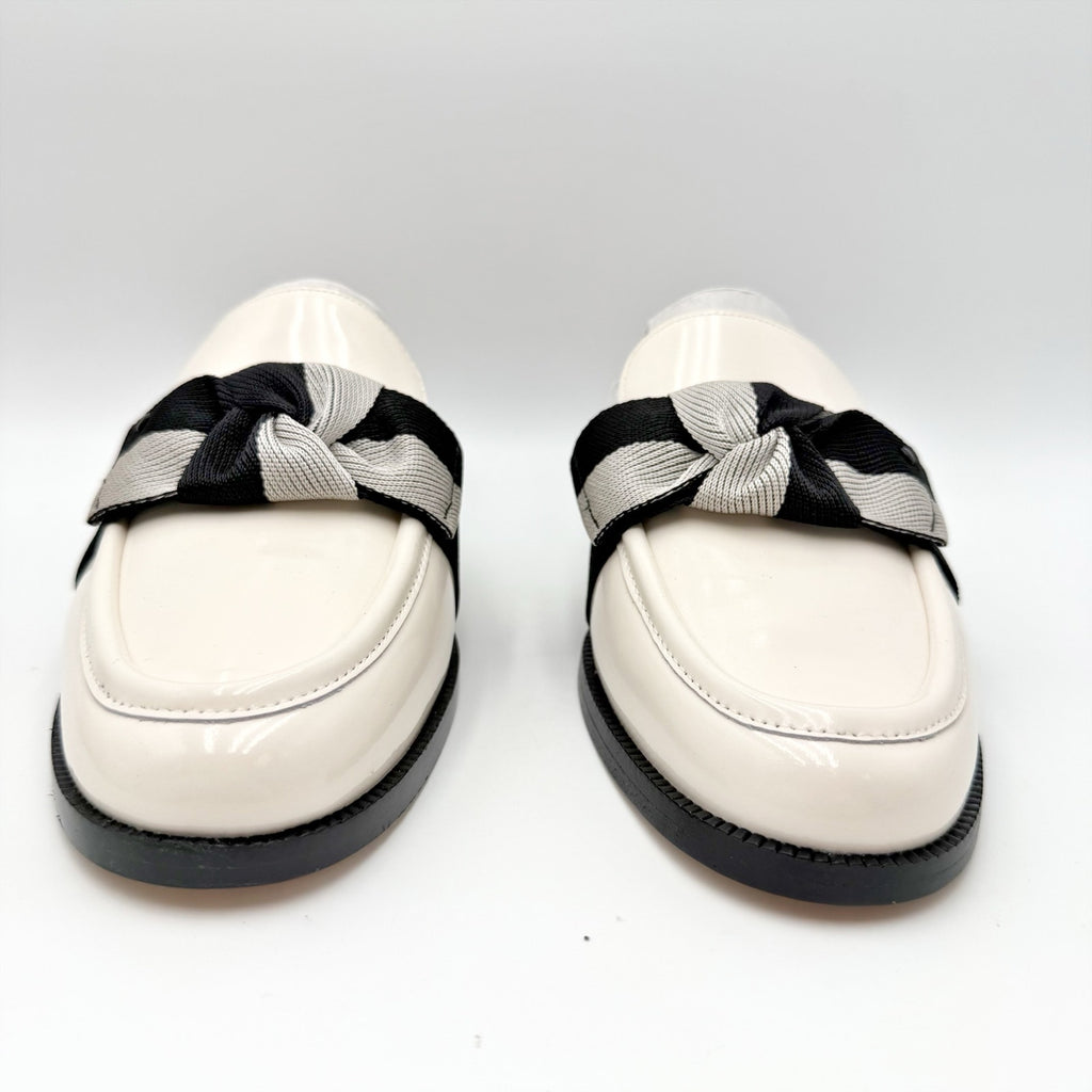 Kate Spade Womens Leandra Mule Loafer Size 9 Cream Patent Leather Twill Bow NIB