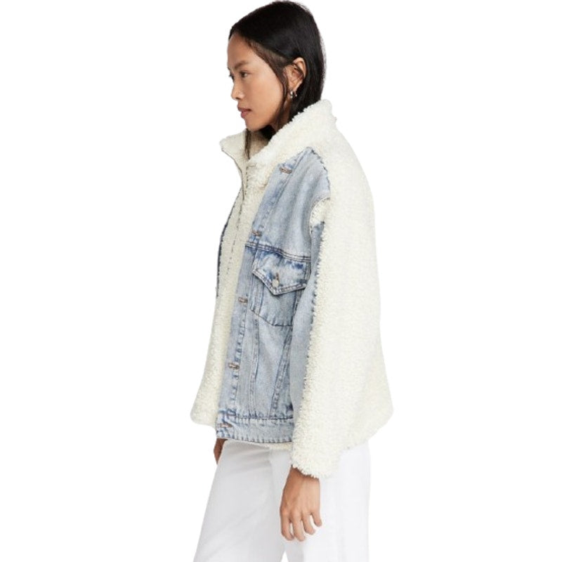 BLANKNYC Womens Denim & Faux Shearling Trucker Jacket XS Cream Blue Bear Hug NWT