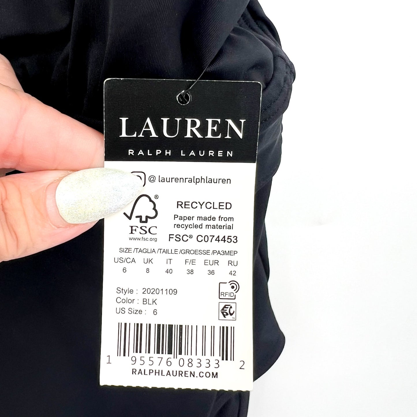 LAUREN RALPH LAUREN Sculpting Modern V Neck One Piece Swimsuit Size 6 Black NWT