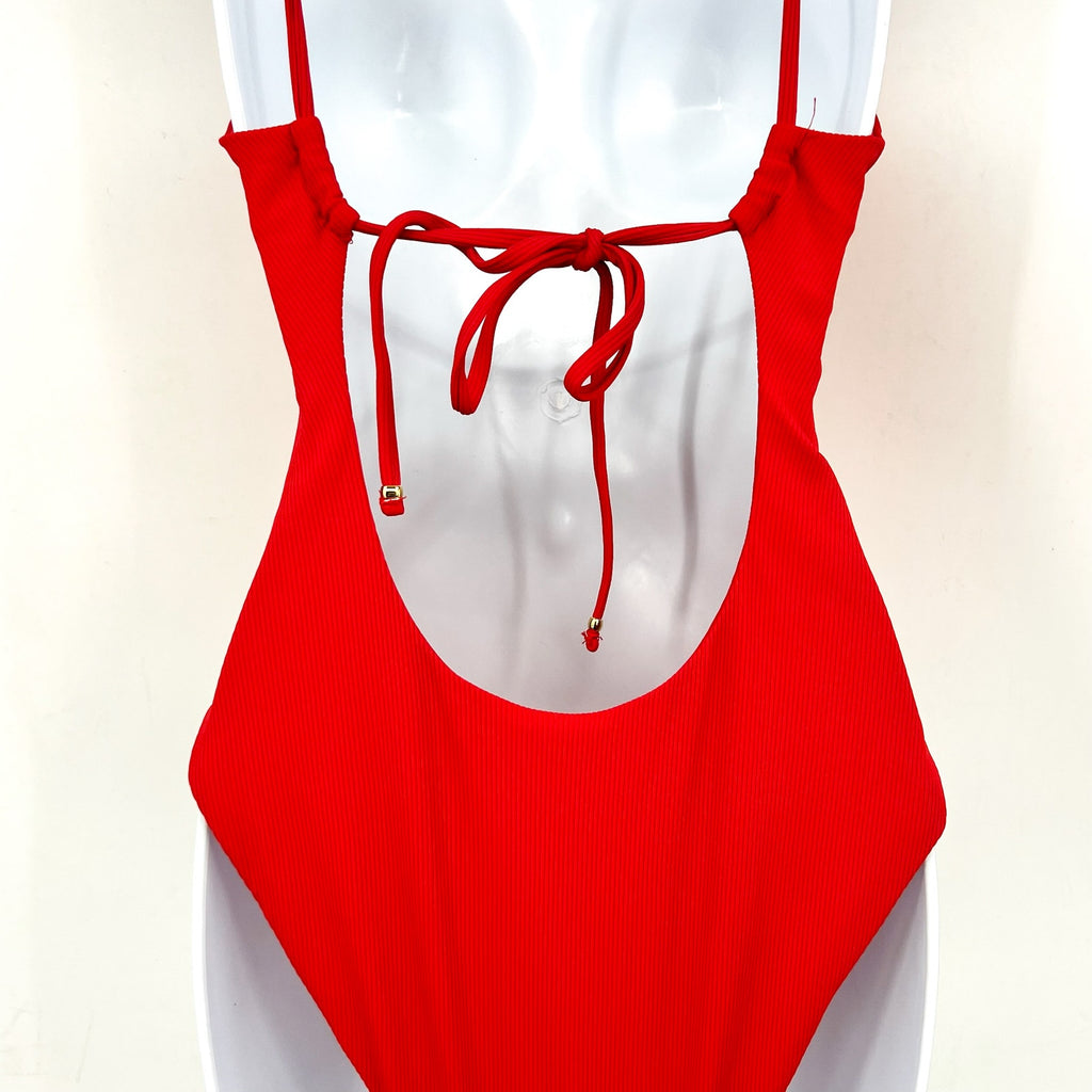 BECCA Women's Modern Edge One Piece Swimsuit Large Fire Red Plunge Neck NWT