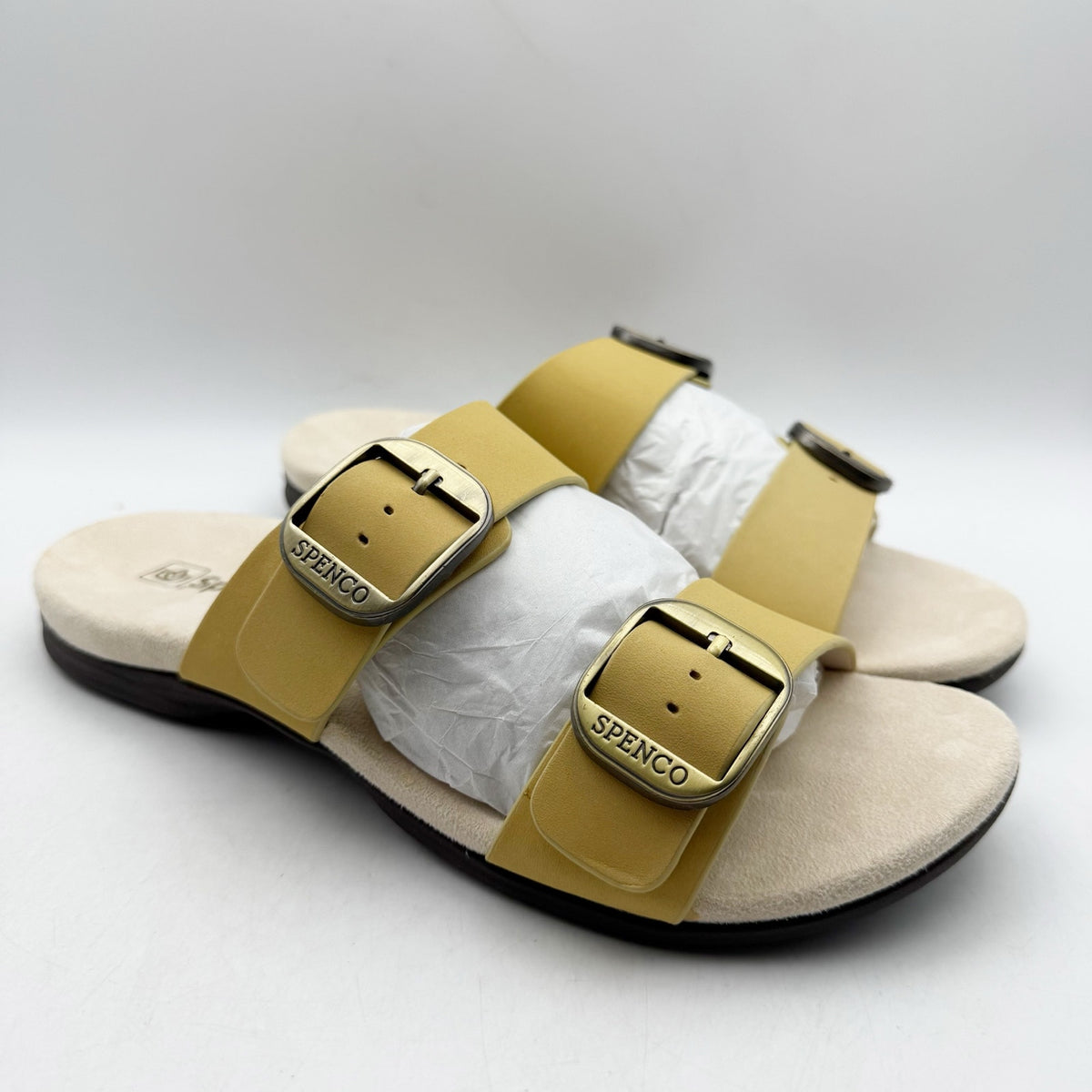 Spenco Womens Vista Slip On Sandals Size 7.5 WIDE Yellow Leather Comfort NIB