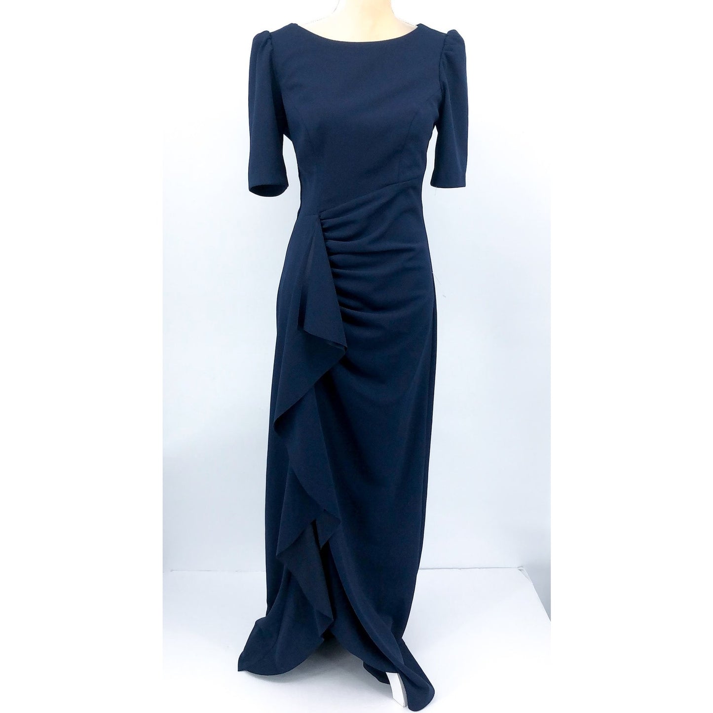 XSCAPE Women's Scuba Crepe Ruffle Gown Size 8 Navy Blue Short Sleeve Dress NWOT