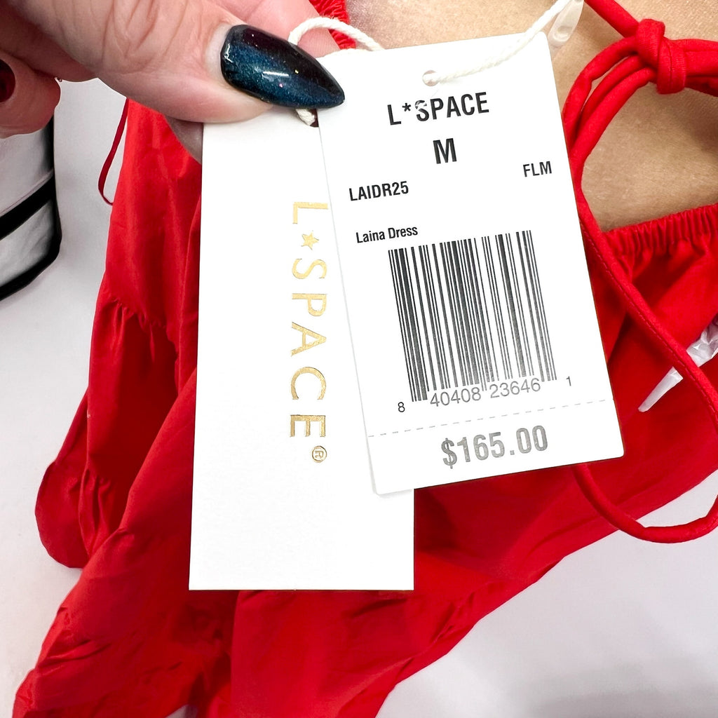 L*SPACE Women's Laina Tiered Maxi Dress Medium Red Criss-Cross Back NWT