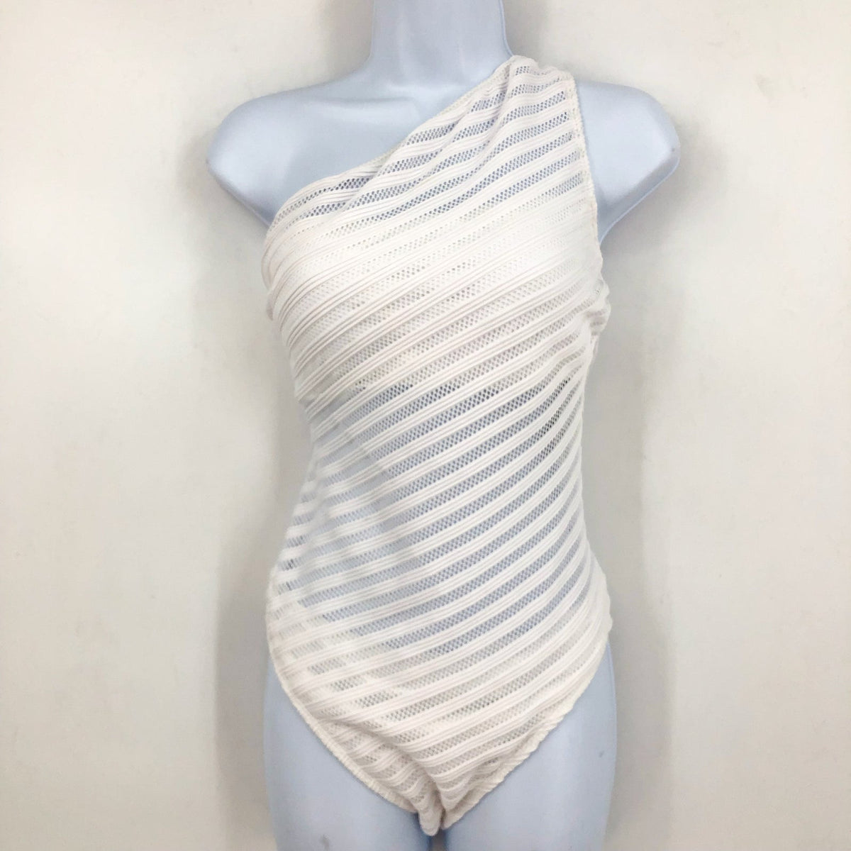 LAUREN RALPH LAUREN Ottoman Mesh One Shoulder One-Piece Swimsuit Sz 8 White NWT