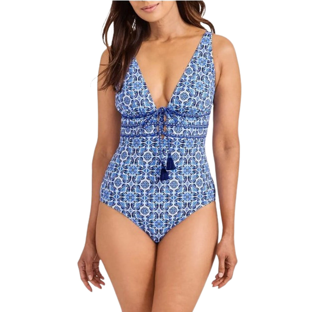 TOMMY BAHAMA Terrazzo Tile One-Piece Swimsuit Size 6 Palace Blue Tie-Front NWT