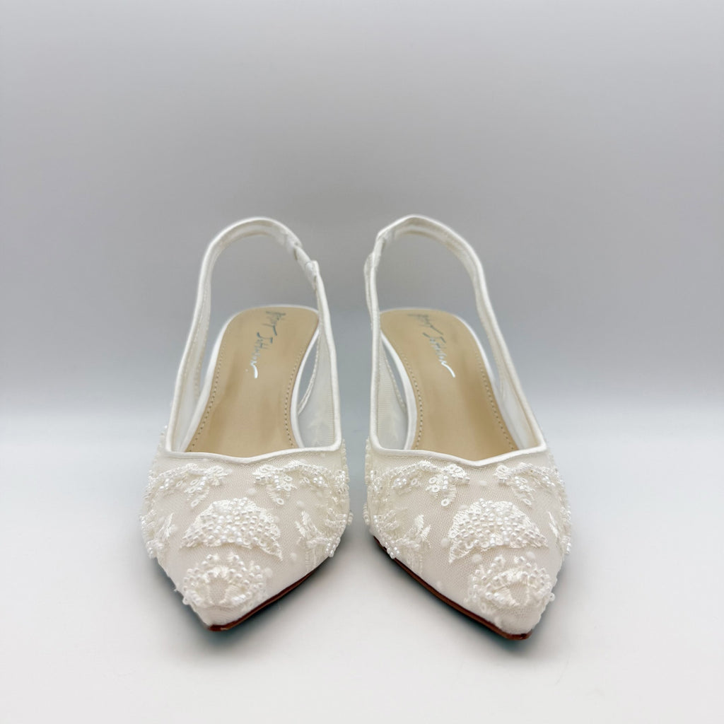 Blue Betsey Johnson Womens Nikki High Heels Size 7.5 White Lace Sling Back NWOB