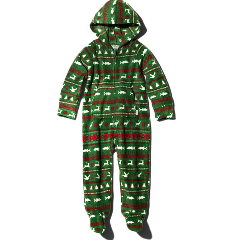 MAGELLAN Kids Holiday One Piece Pajama 4 XS Green Print Fleece Footed Hood NWOT