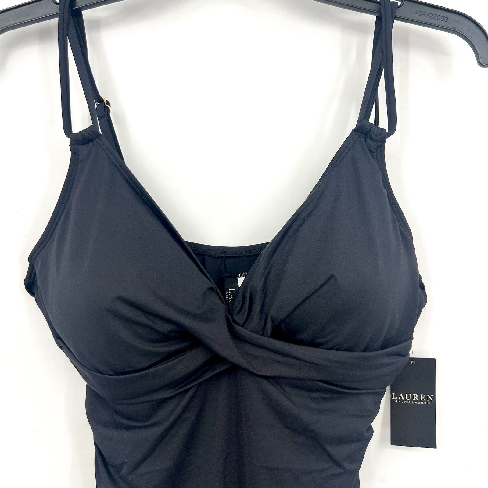LAUREN RALPH LAUREN Double Strap Twist Tankini Top Size 12 Black Underwire NWT