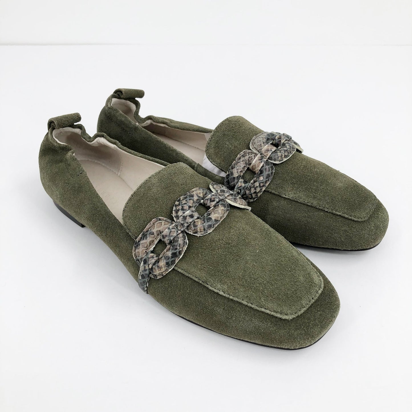 SANCTUARY Blast Suede Loafers 6.5 Olive Green Python-Embossed Bit NWOB
