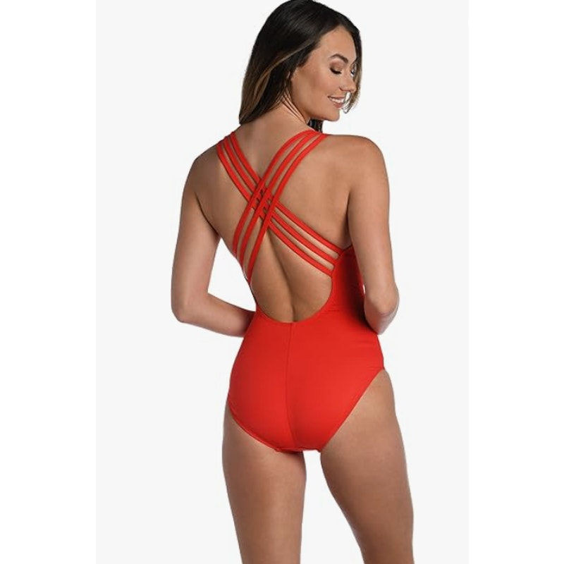 LA BLANCA Island Goddess One Piece Swimsuit Size 4 Cherry Red Cross Back NWT
