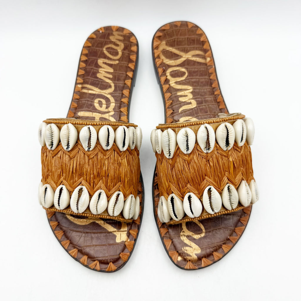 Sam Edelman Womens Gale Sandals US 7.5 M Cognac Tan Seashell Detail Slip On NIB
