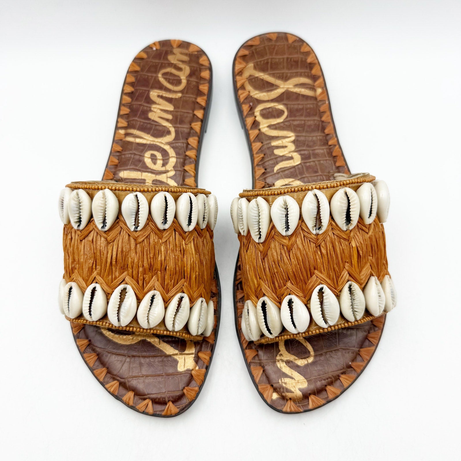 Sam Edelman Womens Gale Sandals US 7.5 M Cognac Tan Seashell Detail Slip On NIB