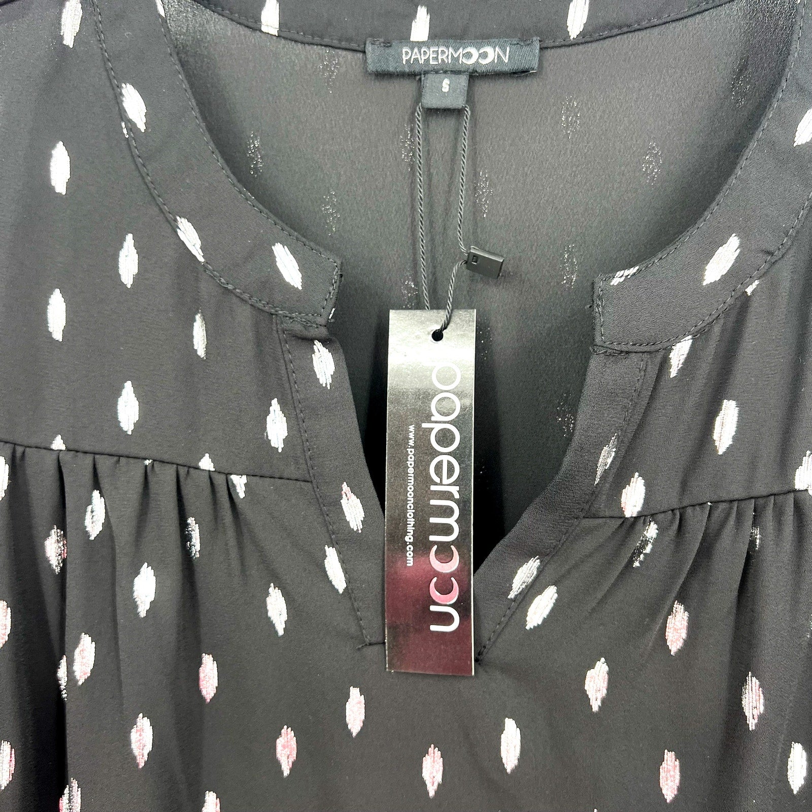 STITCH FIX - PAPERMOON Womens V Neck Blouse Small Black Silver Print NWT