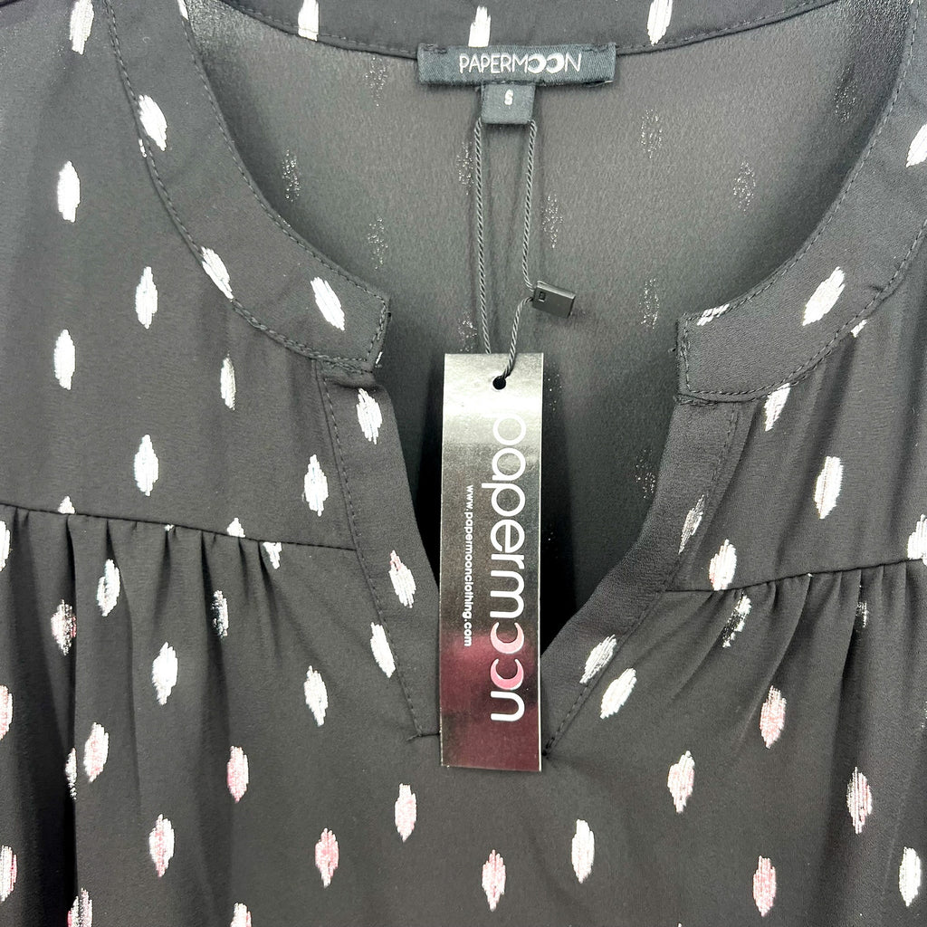 STITCH FIX - PAPERMOON Womens V Neck Blouse Small Black Silver Print NWT