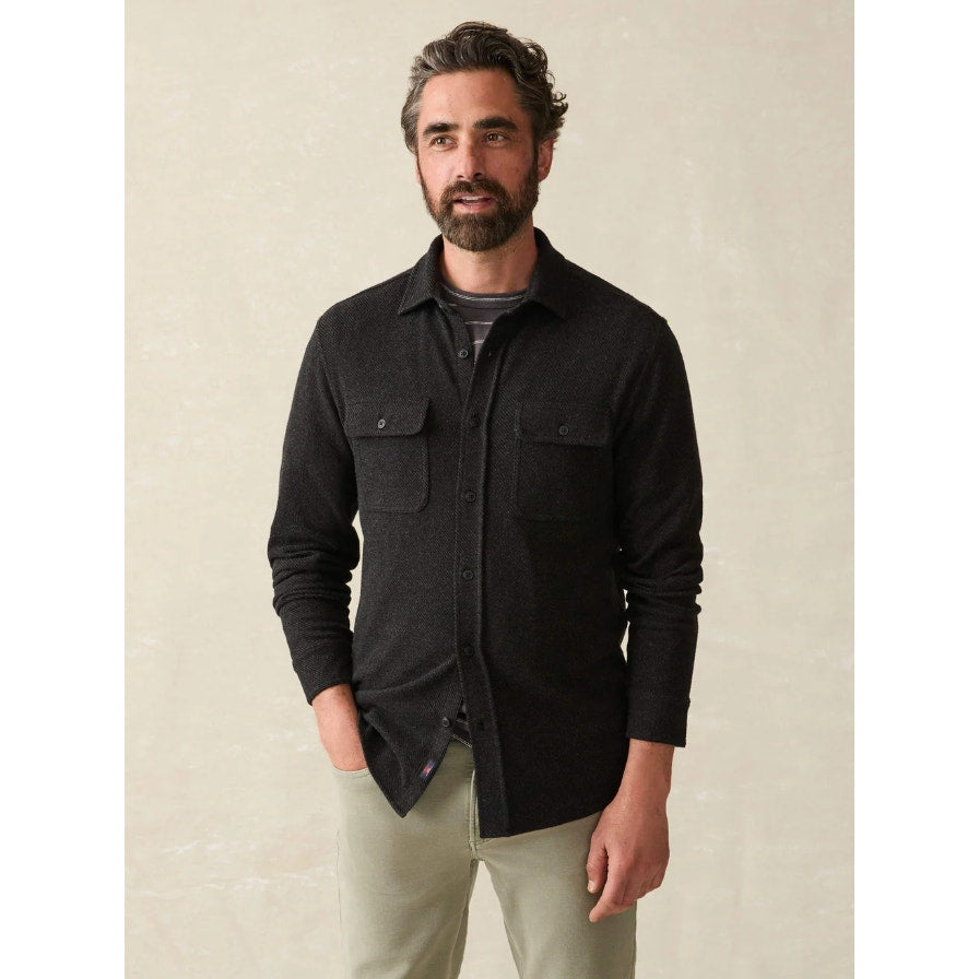 FAHERTY Men's Legend Sweater Shirt Medium Heathered Black Twill Long Sleeve NWT