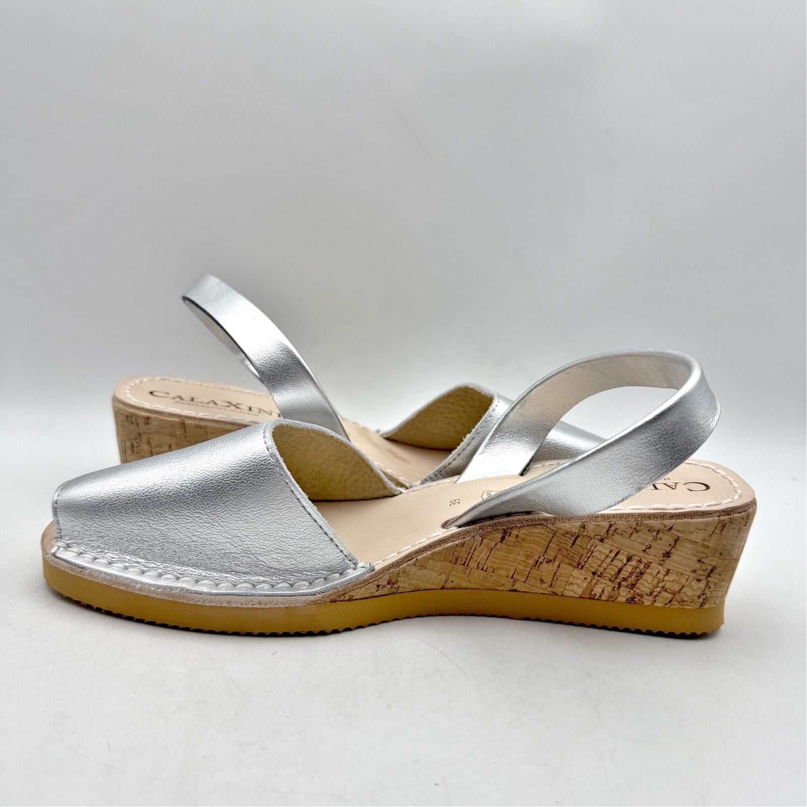 CalaXini Womens Cork Wedge Sandals EU 39 US 8.5-9 Silver Leather NWOB