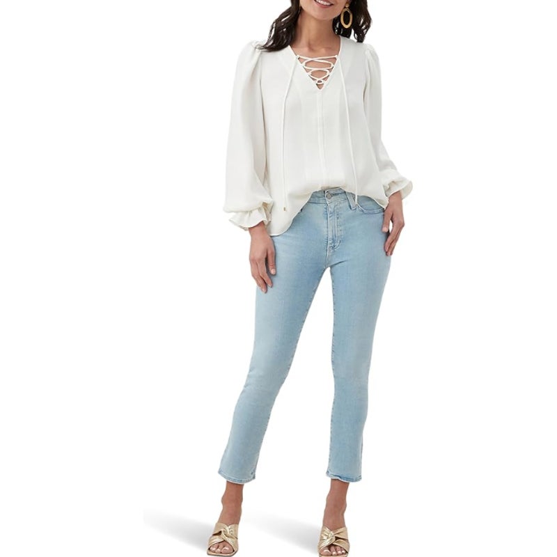 TRINA TURK Women's Zahara Lace Up Top Medium White Whitewash Balloon Sleeve NWT