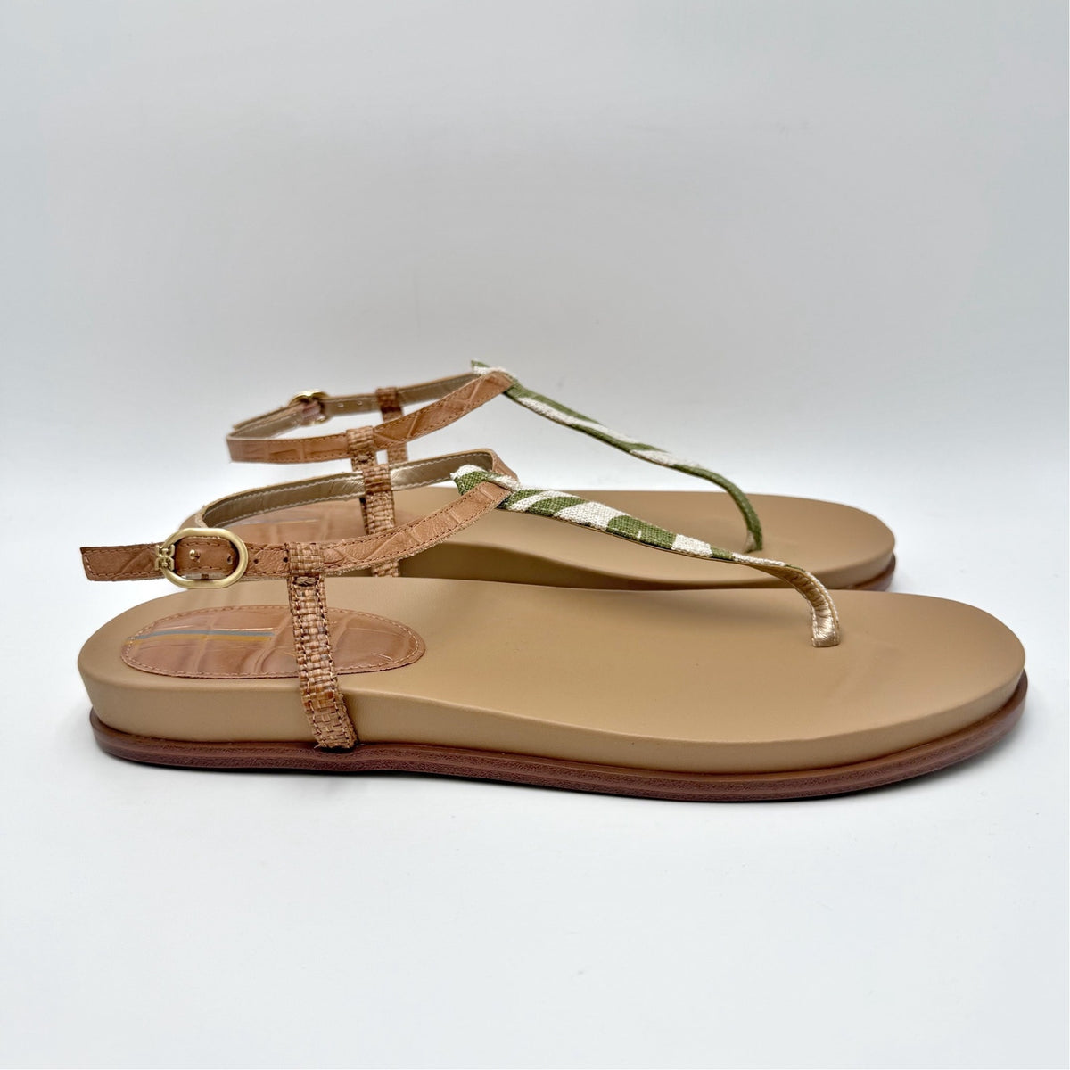 Sam Edelman Womens Naomi T-Strap Flat Sandals Size 9.5 M Green Tan NIB