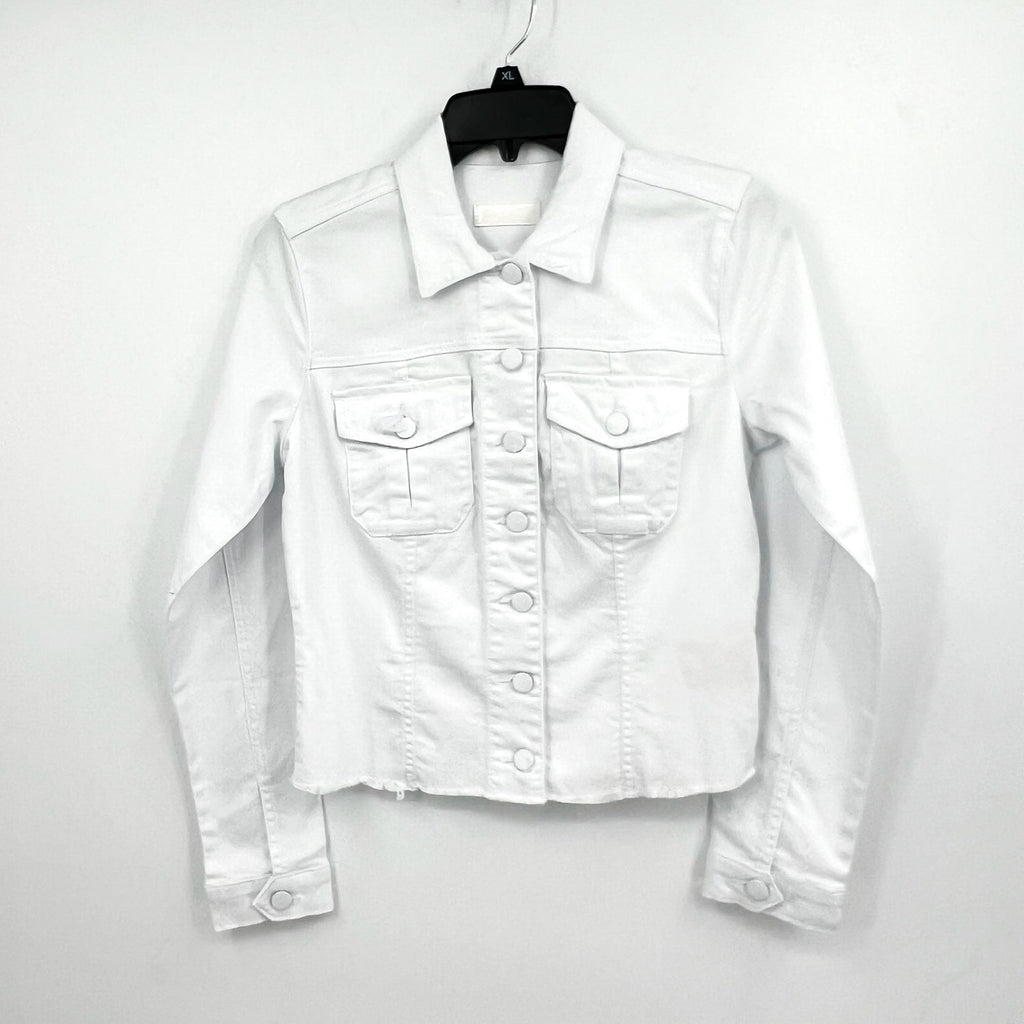 KUT FROM THE KLOTH Kara Frayed Denim Trucker Jacket Small Optic White NWOT