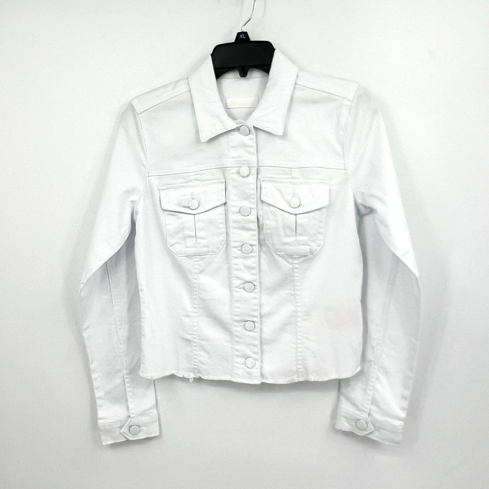 KUT FROM THE KLOTH Kara Frayed Denim Trucker Jacket Small Optic White NWOT