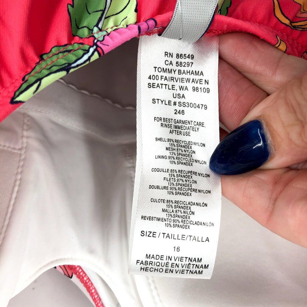 TOMMY BAHAMA Summer One-Piece Swimsuit Size 16 Pink Black Floral Wrap-Front NWT
