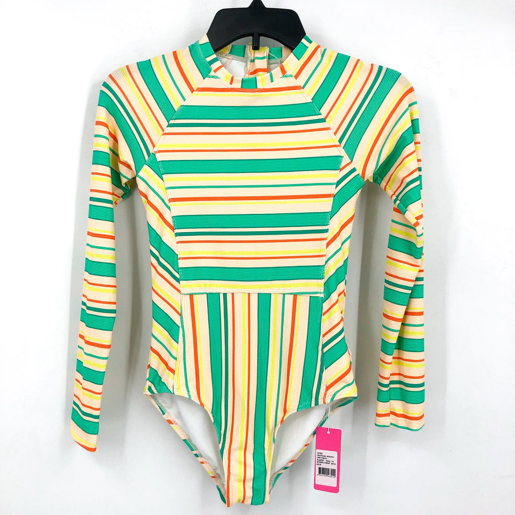 SEAFOLLY Girls Tropical Night One Piece Swimsuit Size 14 Green Yellow Stripe NWT
