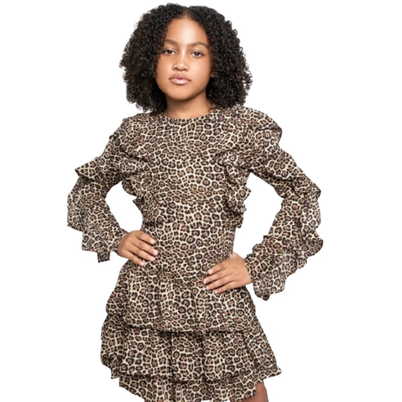 BARDOT Girl's Whit Ra Ra Dress Size 7-8 Small Leopard Ruffle Long Sleeve NWT