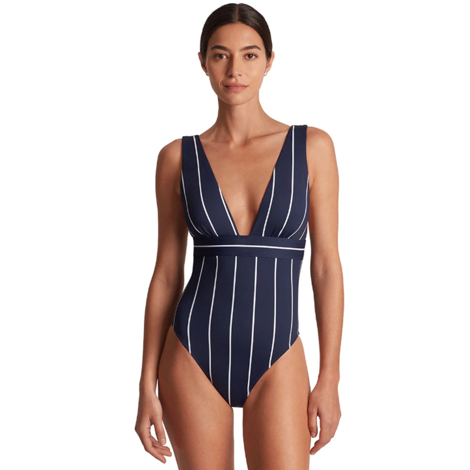 LAUREN RALPH LAUREN Villa Stripe VNeck One Piece Swimsuit Size 16 Blue White NWT