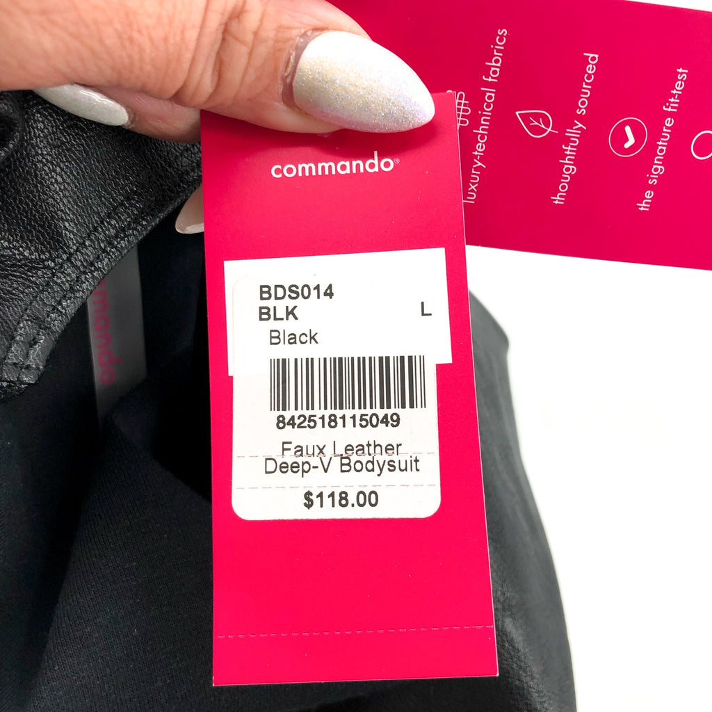 COMMANDO Women's Faux Leather Deep-V Bodysuit Large Black Sleeveless Top NWT