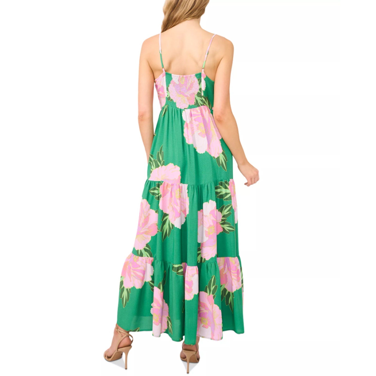 CECE Floral Tiered Maxi Dress Medium Green Peony Blossom Ruffle-Front NWT