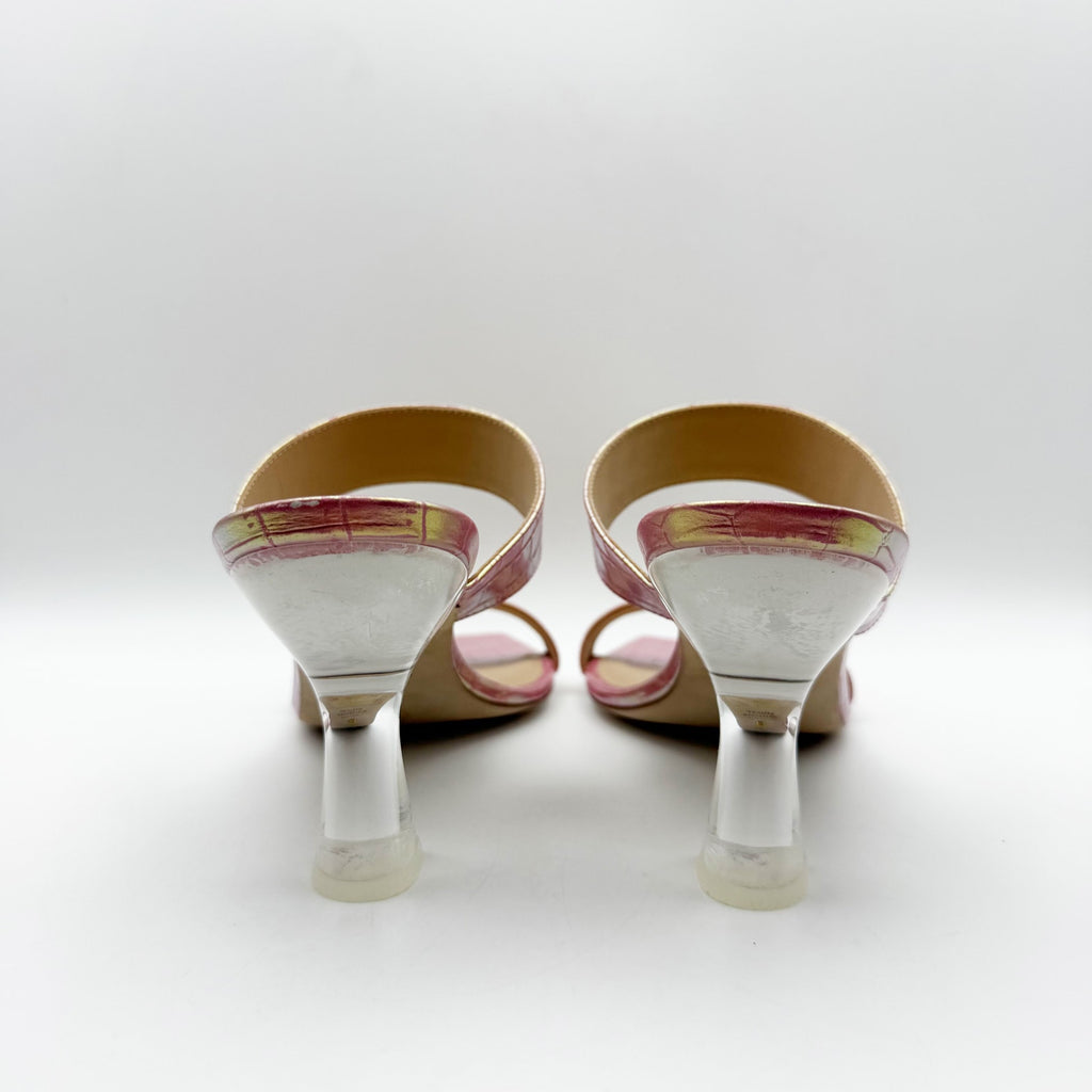 Stuart Weitzman Kristal Heeled Sandals Size 9 M Pink Iridescent Leather NIB