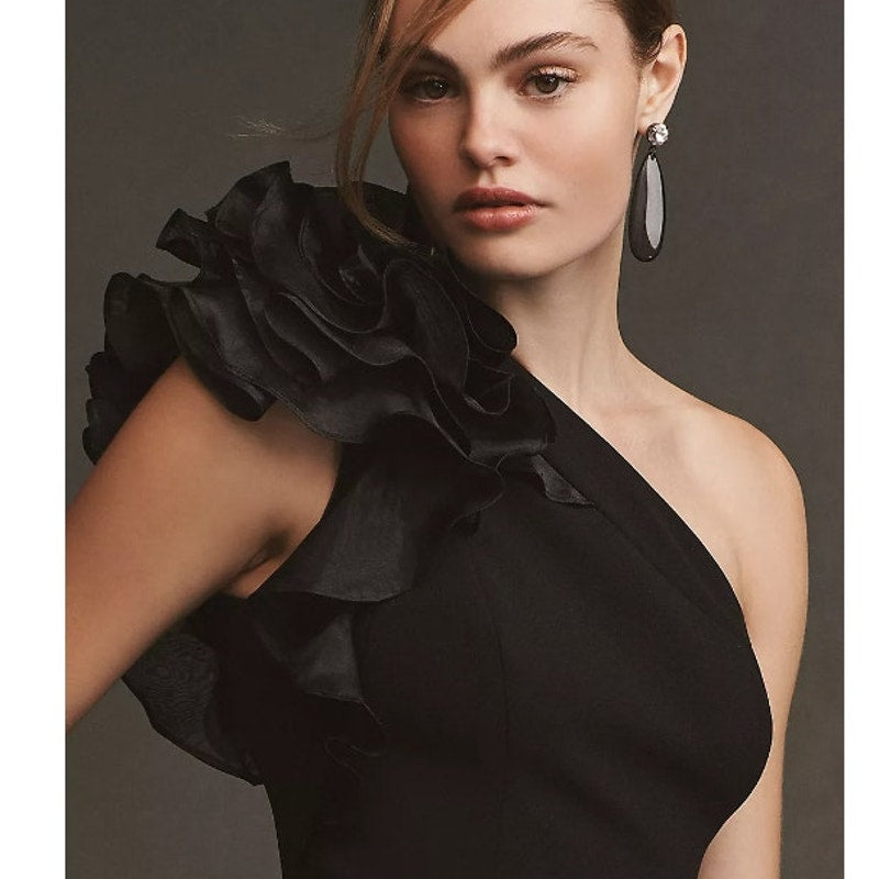 AIDAN MATTOX Women's One-Shoulder Organza Ruffle Gown Size 4 Black NWT