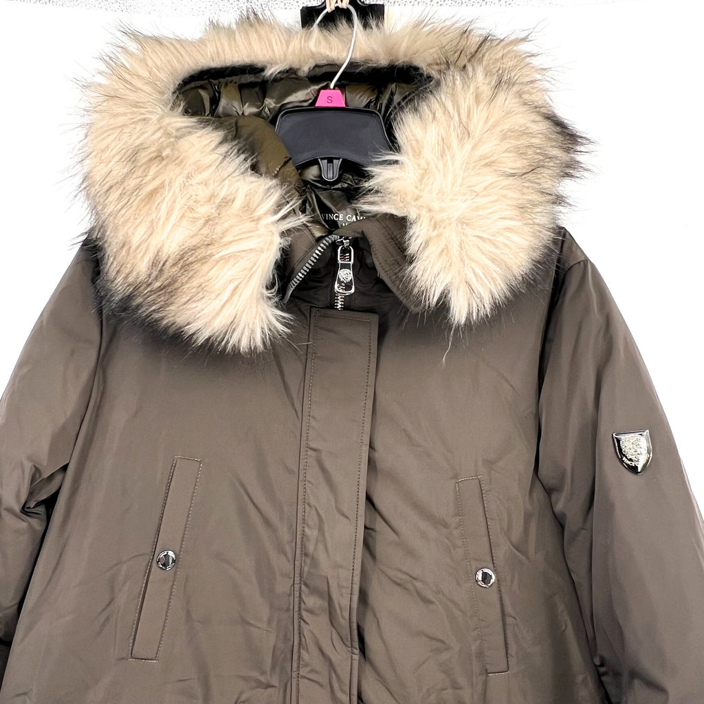 VINCE CAMUTO Heavyweight Hooded Parka Coat Medium Olive Green Faux Fur Trim NWT