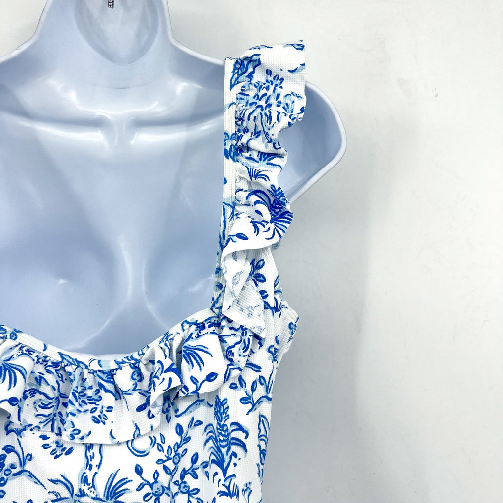 LILLY PULITZER Aemma Ruffle One-piece Swimsuit Size 16 White Blue Tall Tales NWT