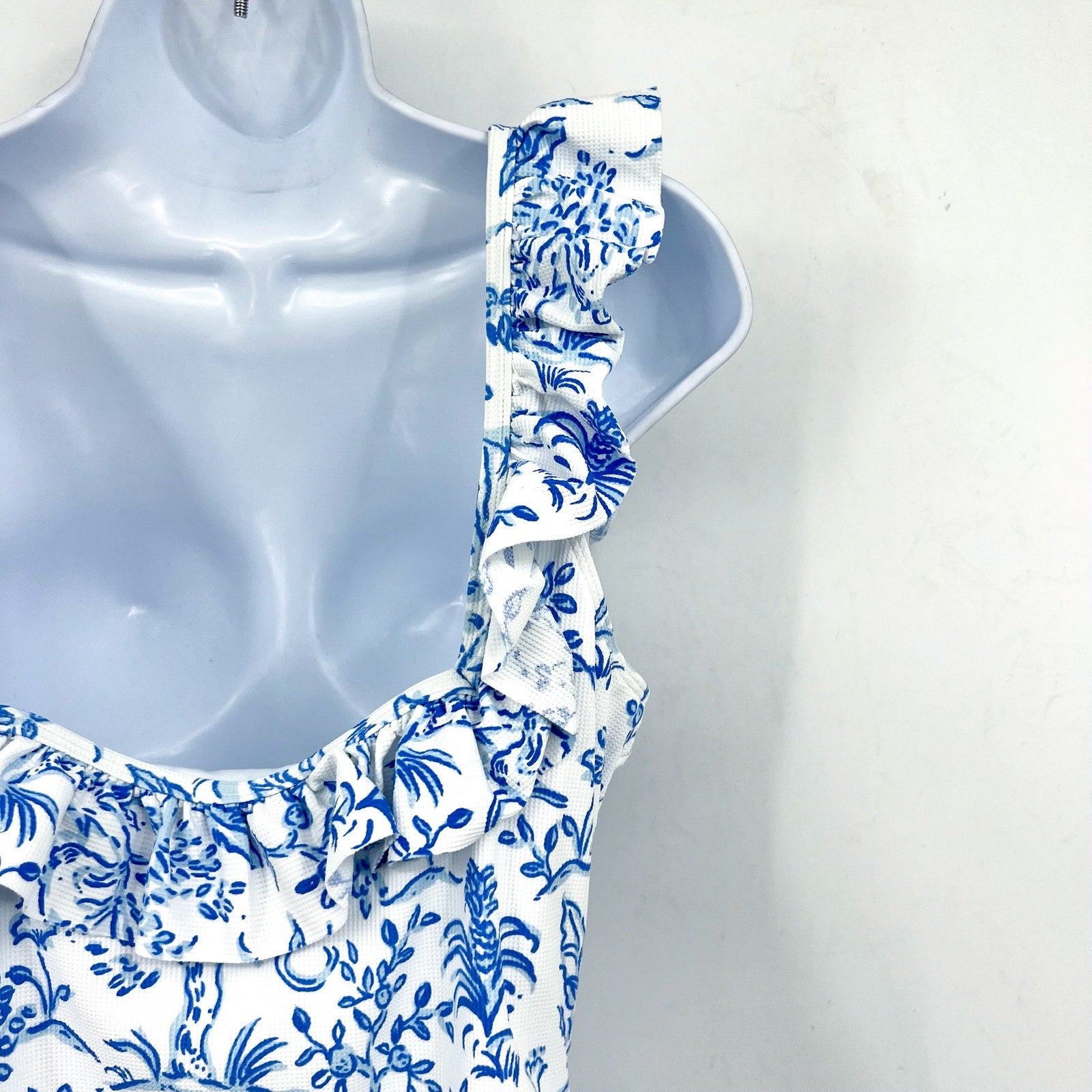 LILLY PULITZER Aemma Ruffle One-piece Swimsuit Size 16 White Blue Tall Tales NWT