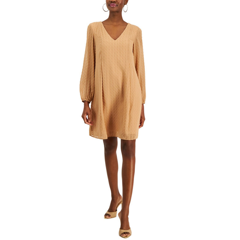 INC INTERNATIONAL CONCEPTS Women Shift Dress Large Tan Hazelwood Long Sleeve NWT