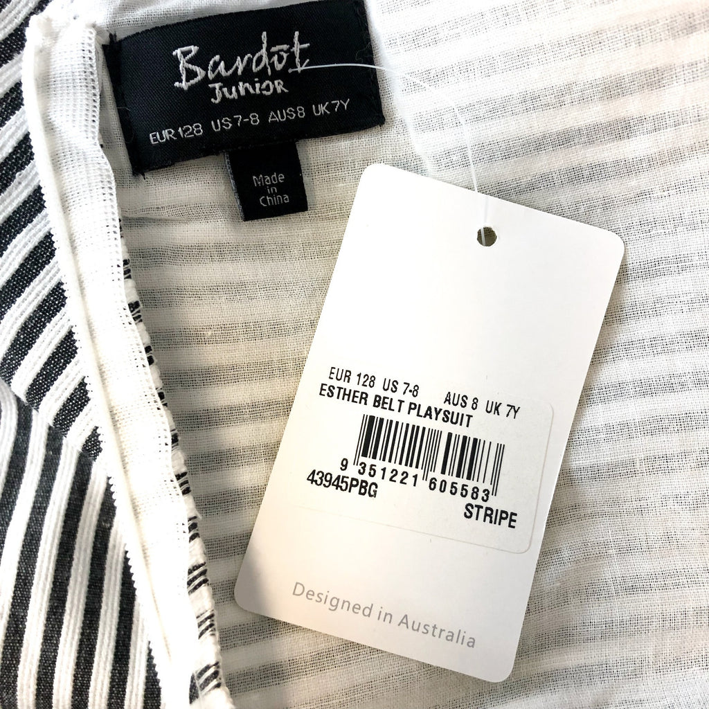 BARDOT Girls Esther Belt Playsuit Romper Medium Black White Stripe Ruffle NWT