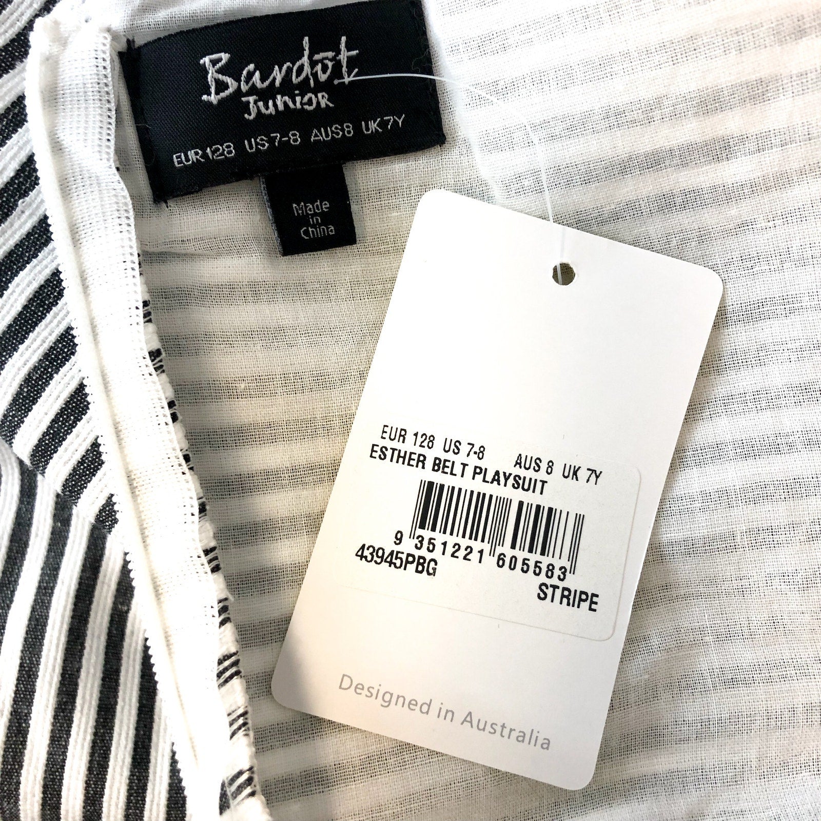 BARDOT Girls Esther Belt Playsuit Romper Medium Black White Stripe Ruffle NWT