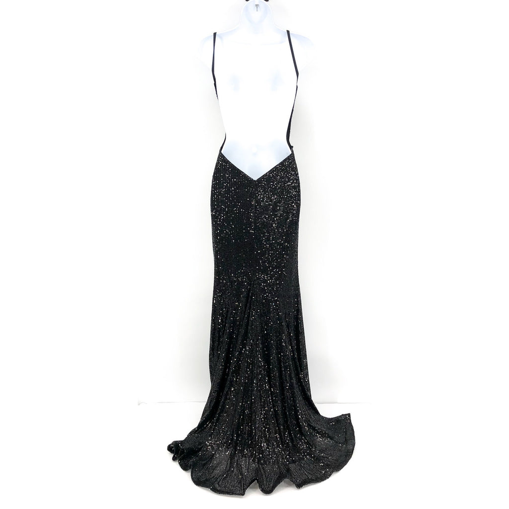 LA FEMME Sequin High Neck Dress Size 0 Black Long Slit Low Back 28529 NWT
