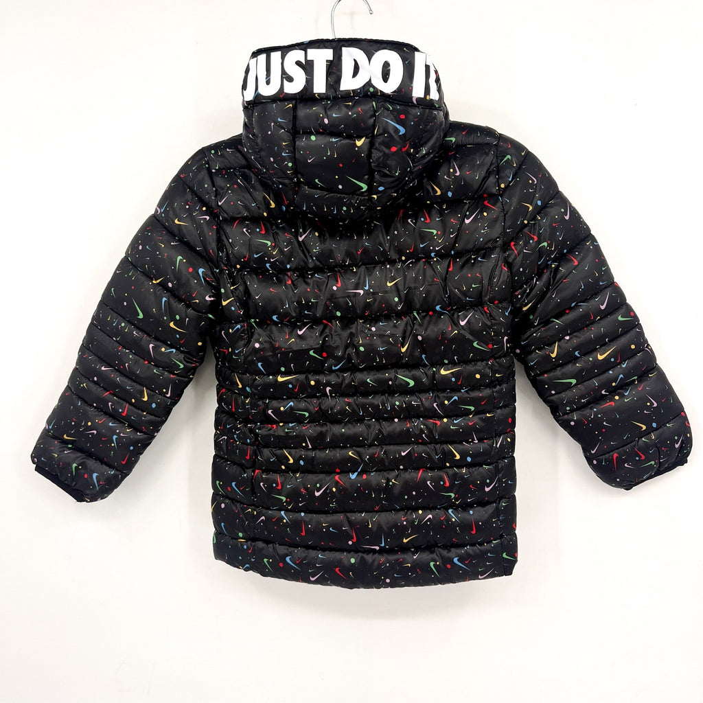 NIKE Girl's Just Do It Printed Puffer Jacket Size 6X Black Confetti NWOT