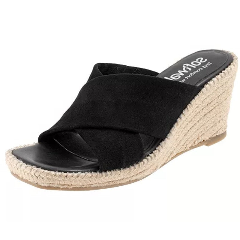 Softwalk Womens Hastings Wedge Sandals Size 7 WIDE Black Suede NIB