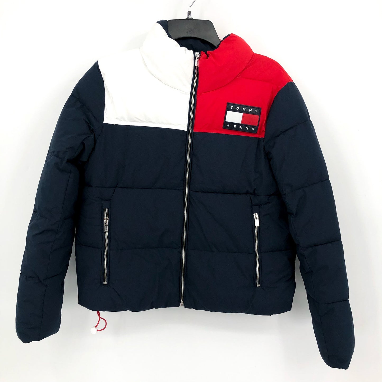 TOMMY JEANS Womens Big Logo Colorblock Puffer Ski Coat Medium Blue White NWT