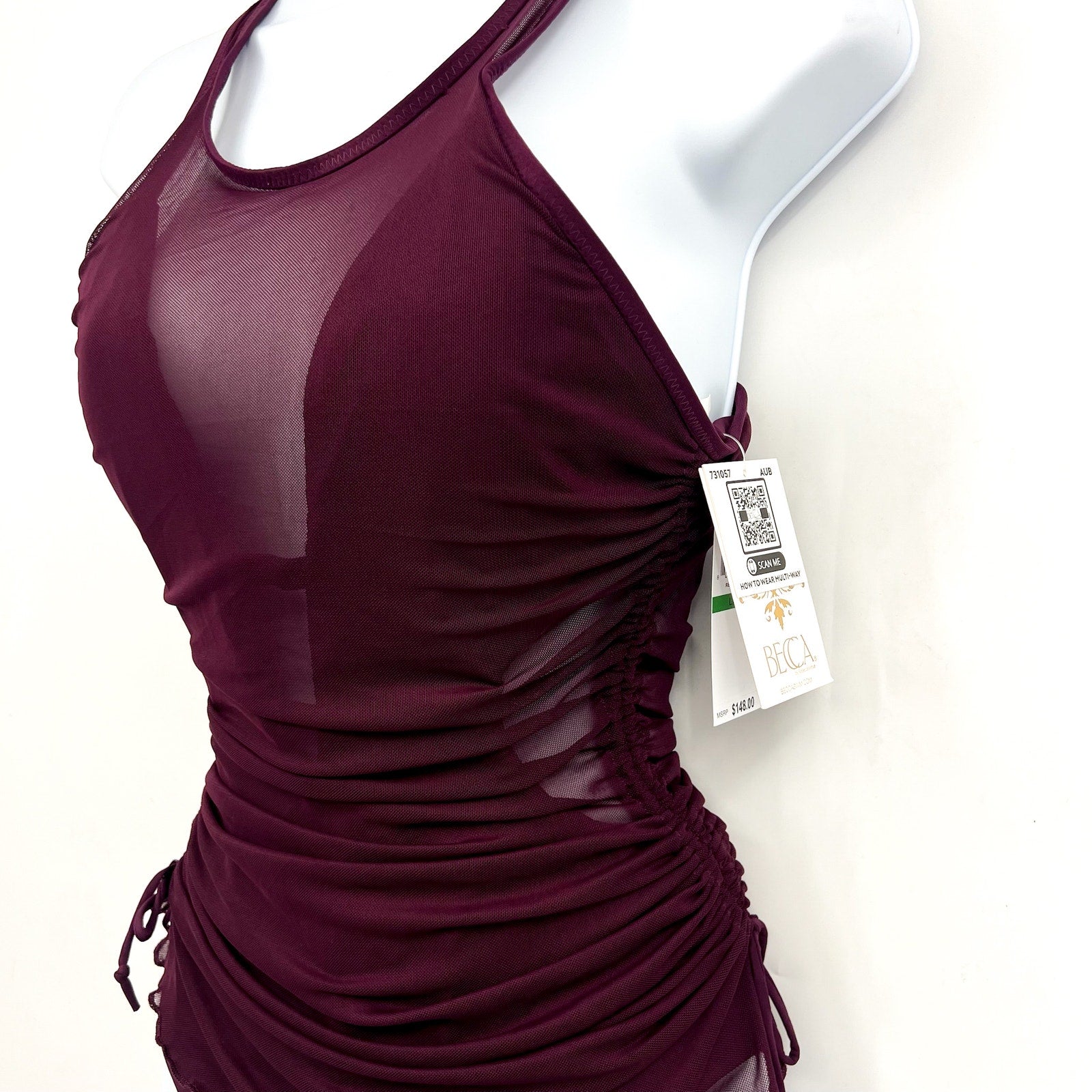 BECCA Muse Macie One Piece Swimsuit Large Purple High Neck Mesh Overlay NWT